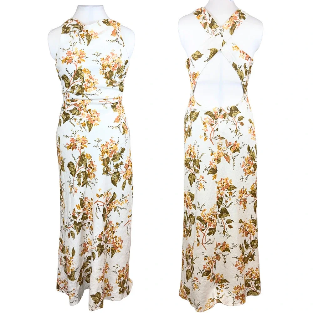 NWT Reformation Maxi Dress White Yellow Floral Cassette‎ Cross Back Draped 10 - Picture 3 of 10